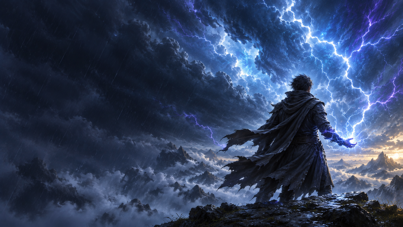 A lone figure overlooks a mountain world beneath a vast blue and violet storm.